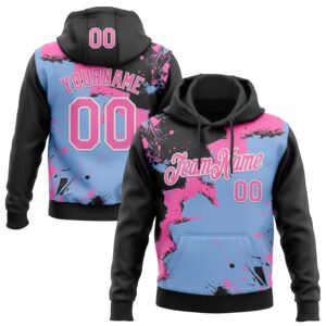 Custom Stitched Black Pink Light Blue-White 3D Pattern Design Splash Torn Paper Style Sports Pullover Sweatshirt Hoodie