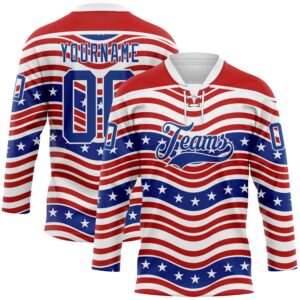 Custom White Royal-Red American Flag Hockey Lace Neck Jersey