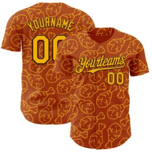 Custom Texas Orange Gold-Black 3D Pattern Design Foodie Fast Food Fried Chicken Authentic Baseball Jersey