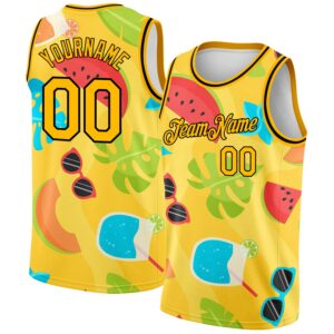 Custom Gold Black 3D Pattern Summer Hawaii Beach Holiday Authentic Basketball Jersey