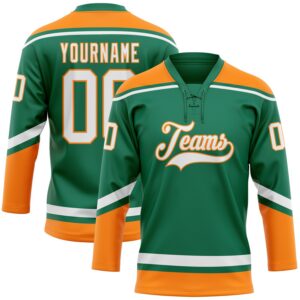Custom Kelly Green White-Bay Orange Hockey Lace Neck Jersey