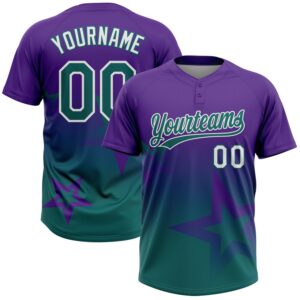 Custom Purple Teal-White Gradient Style Twinkle Star Two-Button Unisex Softball Jersey
